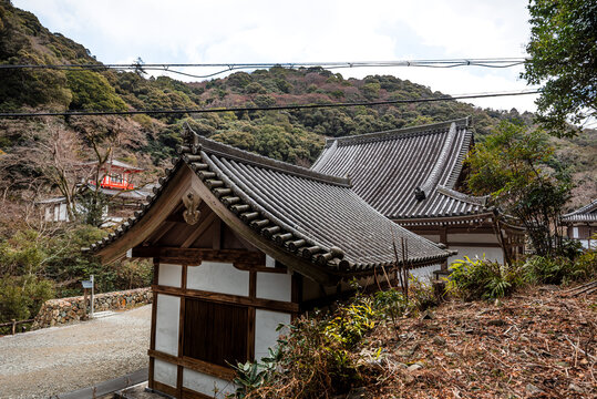Traditional wooden gate and tiled rooftops of Ryuan-ji Temple complex with wooded hills in background