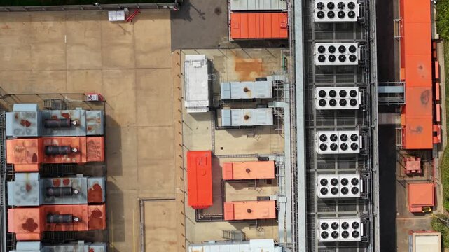 Aerial view of data center chiller units external cooling fans and HVAC mechanical infrastructure UK