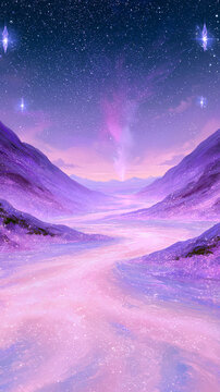 Purple Cosmic Valley with Pink Starlight and Glittering River for Mobile Wallpaper