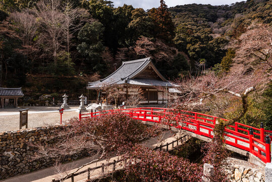 View of Ryuan-ji Temple from a red arched bridge with a stone wall and forested hills in Minoh