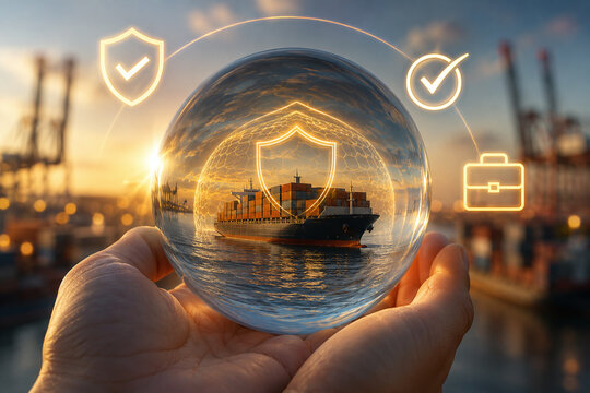 Hand holding glass sphere with cargo ship at port and digital security icons. Concept of global shipping insurance, maritime trade protection, and safe logistics supply chain at sunset.