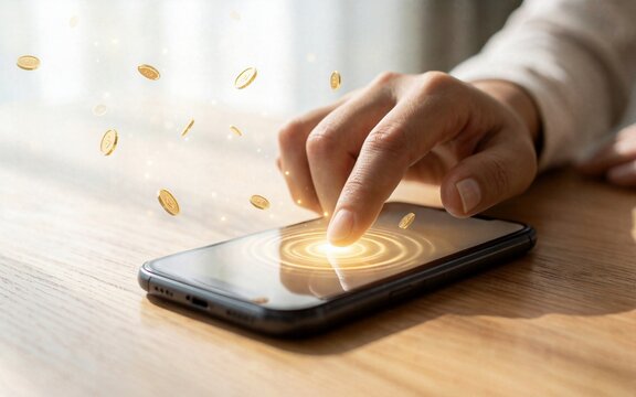 Finger tapping a phone screen sending coin ripples outward