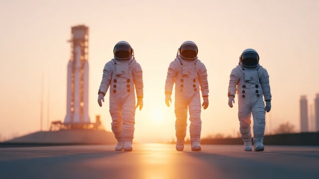 Three Astronauts Walking Towards a Space Launch Pad at Sunset, Symbolizing Exploration and Adventure Beyond Earth