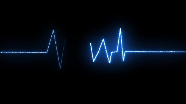 Electric blue neon heartbeat ekg pulse wave on black background