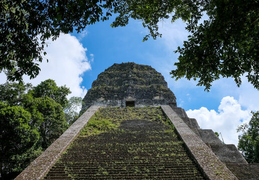 Temple V pyramid rises above the forest in Tikal with its stepped design and ancient stone structure
