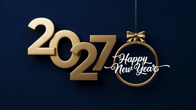Gold 2027 New Year greeting with hanging ornament on a dark blue background