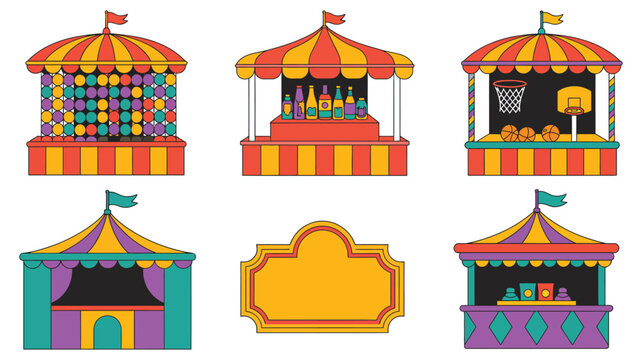 Carnival Game Booth Amusement Park Kiosk Vector Icon Set, Fairground Games, Balloon Darts, Bottle Toss, Basketball Shoot, Golden Ticket, Circus Tent