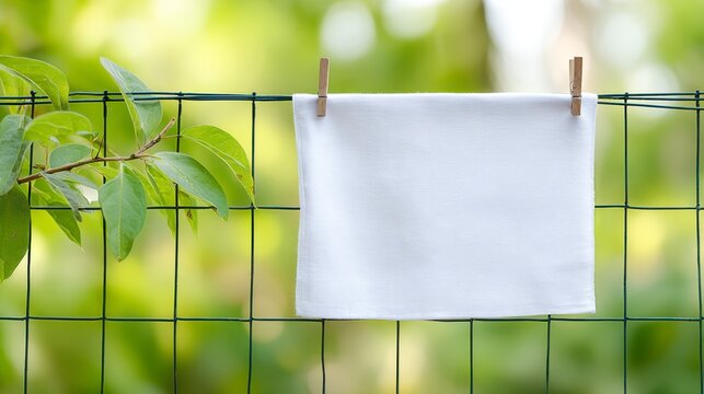 A Blank White Cloth Hanging on a Wire Fence Surrounded by Lush Greenery and Nature, Creating a Serene and Tranquil Outdoor Atmosphere