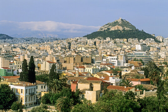 View from Acropolis with Mont Lycabettus in background capturing Athens and surrounding area in bright daylight
