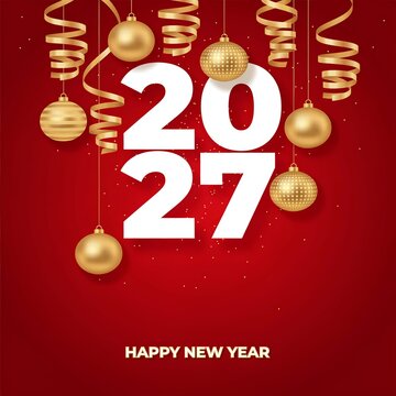 2027 Happy New Year greeting card with gold Christmas ornaments on red background