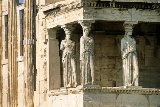 Caryatid figures of the Erechtheum display ancient Greek architecture and sculptural skill in Athens
