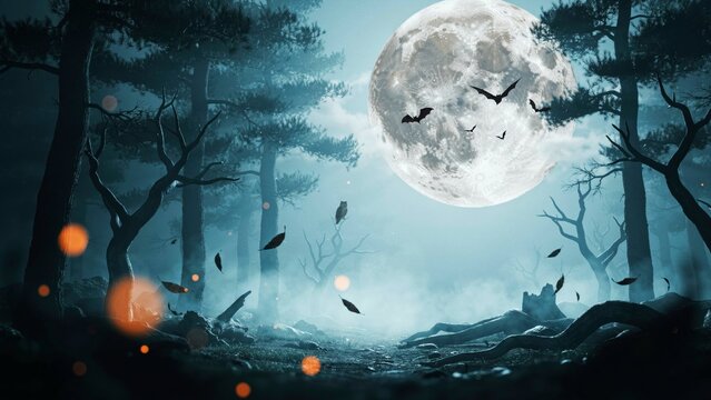 Full moon over a spooky misty forest with flying bats at night for Halloween background