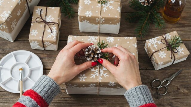 Woman wrapping Christmas gifts with pine cones on rustic wooden table top view
