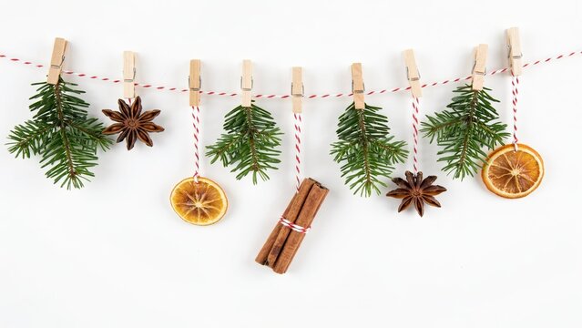 Christmas garland with dried orange slices, cinnamon sticks, and pine branches on white