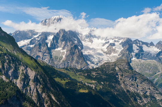 View over the Mont Blanc massif from the belvedere of Arpy in Italy during a clear day
