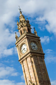 Albert Memorial Clock Tower stands tall above the blue sky in Belfast, honoring Prince Albert, husband of Queen Victoria