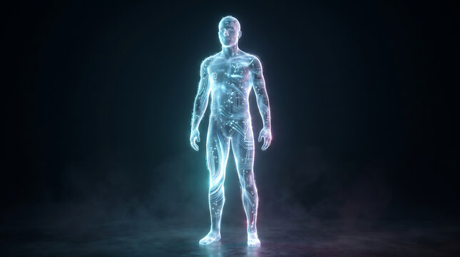 Human body anatomy and circulatory system detailed glowing hologram medical visualization