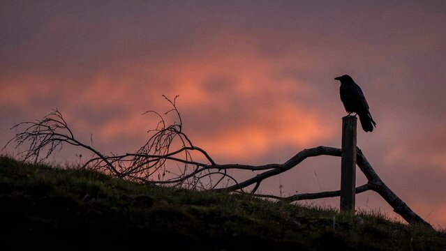 Black crow perched on a wooden fence post against a dramatic sunset sky at dusk.