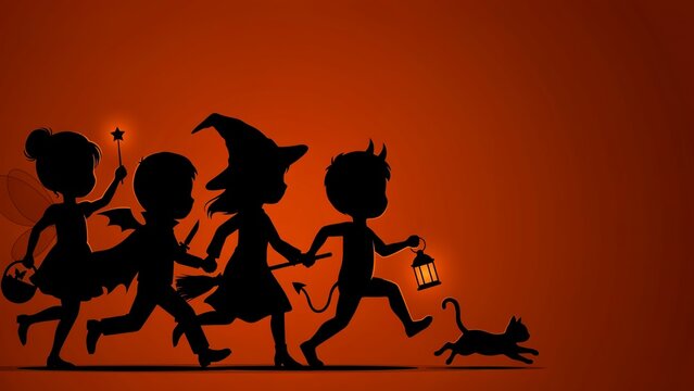 Silhouettes of children in Halloween costumes trick or treating on orange background