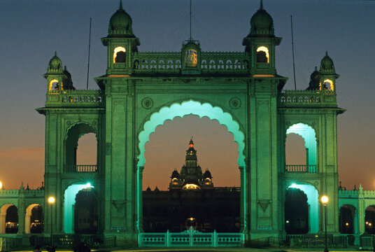 View of the illuminated entrance to Amba Vilas in Mysore during dusk in Karnataka, India