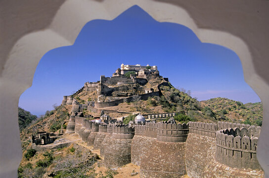 View of Kumbhalgarh Fort from a traditional arch in Rajasthan