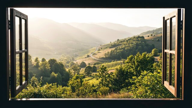 Open window view of a scenic mountain landscape at sunrise with lush green hills