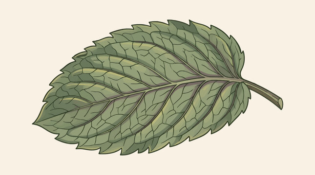 A single fresh mint leaf with detailed veins and serrated edges, isolated on a light background