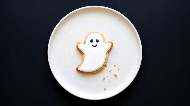 Cute ghost-shaped Halloween cookie on white ceramic plate with crumbs for festive decoration