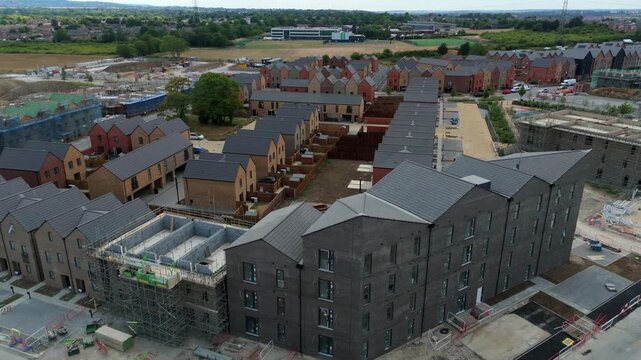 Aerial View of Modern New Build Housing Estate Development on the Outskirts of Luton UK