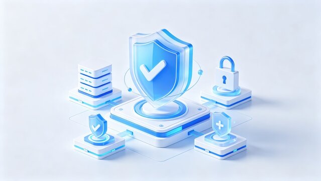 Cybersecurity shield with secure server network and padlock symbols, idea for data protection, privacy, information security and digital infrastructure technology