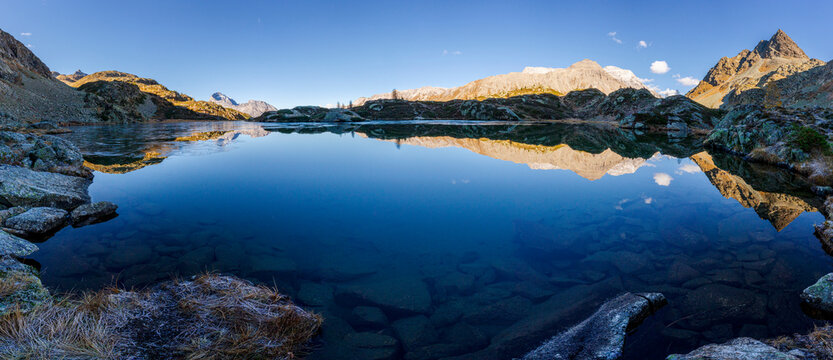 Pristine blue water of the alpine lakes of Crap Alv Lajets, Julier Pass, Engadin, Graubunden, Switzerland