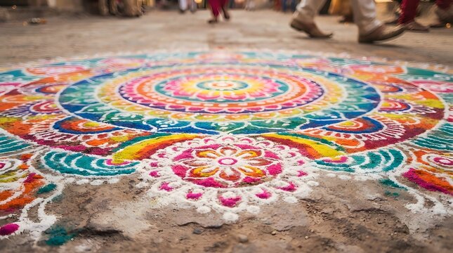 A colorful and intricate rangoli design created with vibrant powders on the ground during a festival