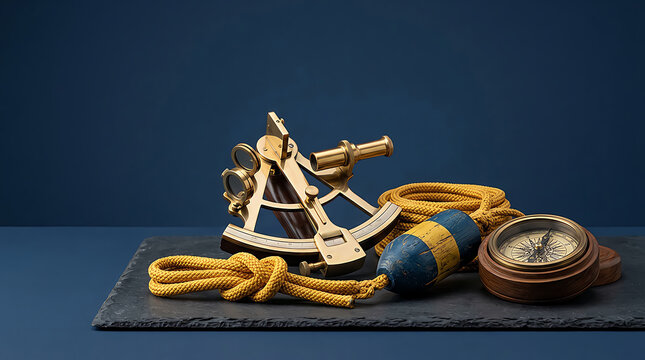 Vintage metal sextant with navigation compass and rope on a dark stone surface