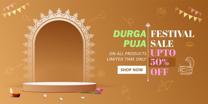 happy durga puja festival sale banner design with podium and puja elements