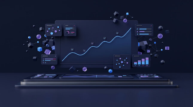 Sophisticated 3D Digital Data Analytics Dashboard Interface with Floating Information Panels and Growth Trends