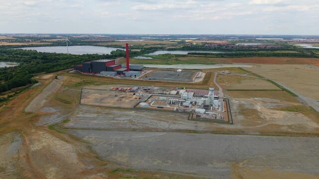 Aerial view of waste to energy facility and gas peaking power station in Bedfordshire UK