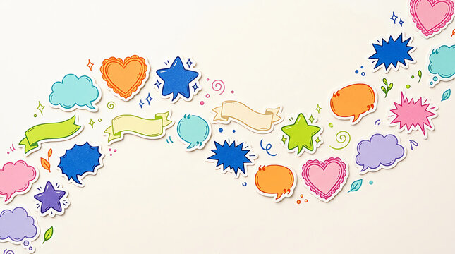 Colorful hand drawn speech bubbles and stars in a decorative wave pattern design