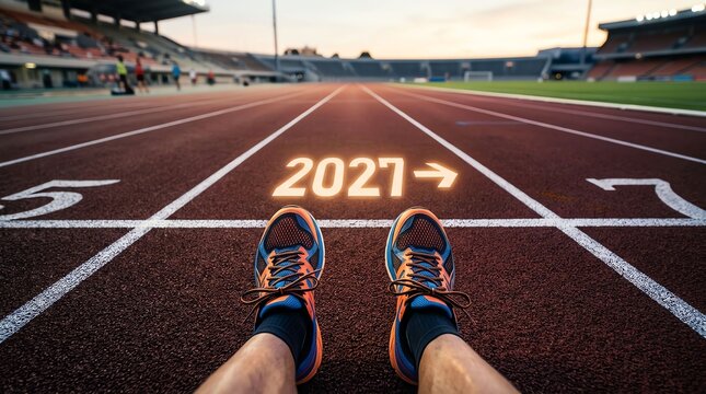 First person view of athlete standing on running track with glowing 2027 year ahead for future goals