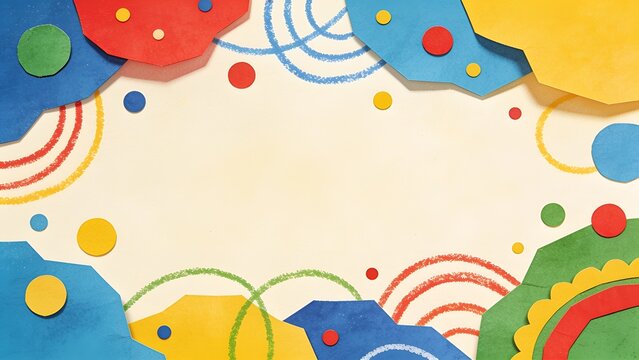 Colorful paper-cut circles and scribbles background for kids, party invitations and craft projects