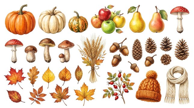 Watercolor autumn harvest set with pumpkins mushrooms pine cones fall leaves and cozy winter clothing accessories