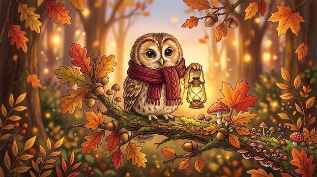A cute owl wearing a cozy scarf holding a glowing lantern in a magical autumn forest scene