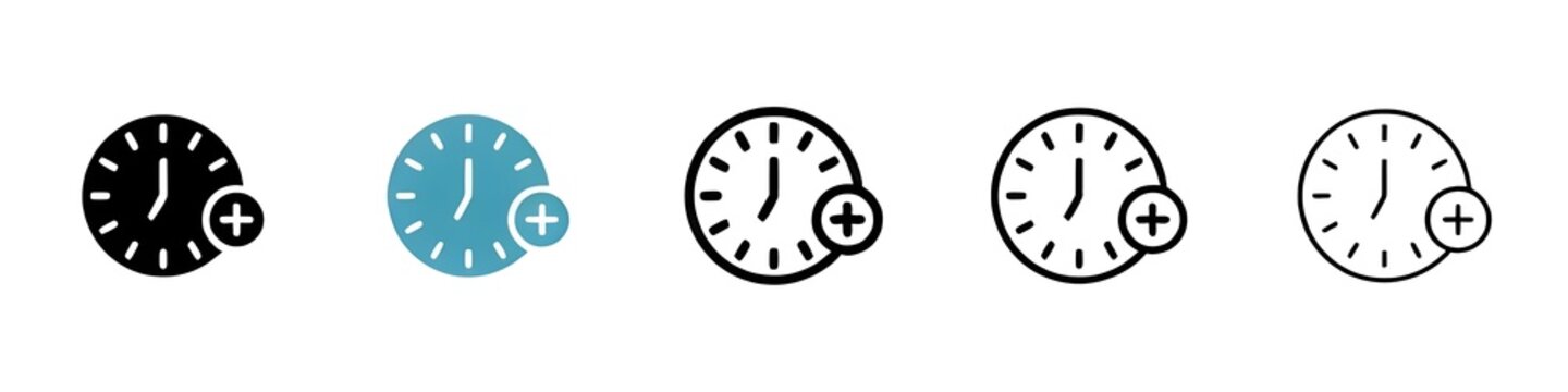 Plus hours sign set. Extra hour overtime clock and plus sign for UI designs. Thin line customizable illustration. Contour symbol. Vector isolated outline drawing. Editable stroke