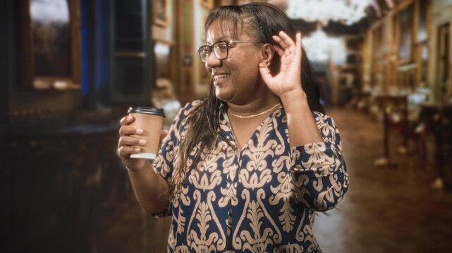 Woman holding takeaway coffee, hand to ear listening in building corridor with chandeliers and paintings; contentment ease.