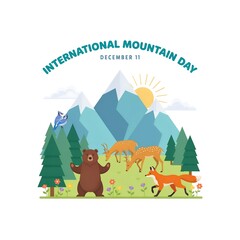 Naklejka premium International mountain day with wild animals and forest landscape on white background