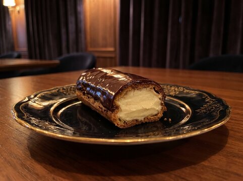Delicious chocolate eclair with cream filling served on an ornate vintage plate inside a restaurant