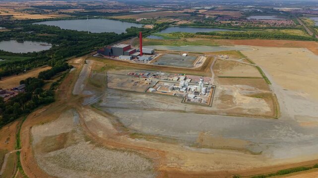 Aerial view of waste to energy facility and gas peaking power station in Bedfordshire UK