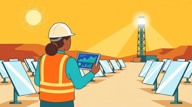 Female engineer holding a digital tablet at a concentrated solar power plant in the desert vector illustration