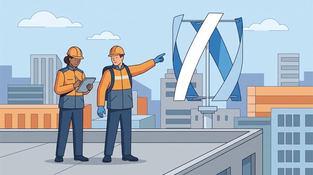 Vertical axis wind turbine engineers inspecting rooftop green energy in a city vector illustration