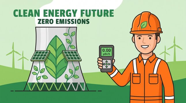 Clean energy future zero emissions engineer holding a radiation detector with power plant vector illustration