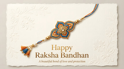 Fototapeta premium Raksha Bandhan with blue orange gold floral Rakhi on embossed paper featuring elegant love and protection greeting design